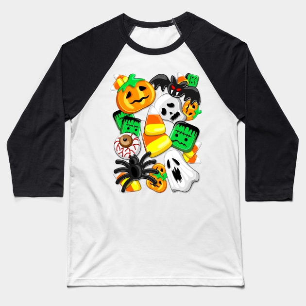 Halloween Spooky Candies Party Baseball T-Shirt by BluedarkArt